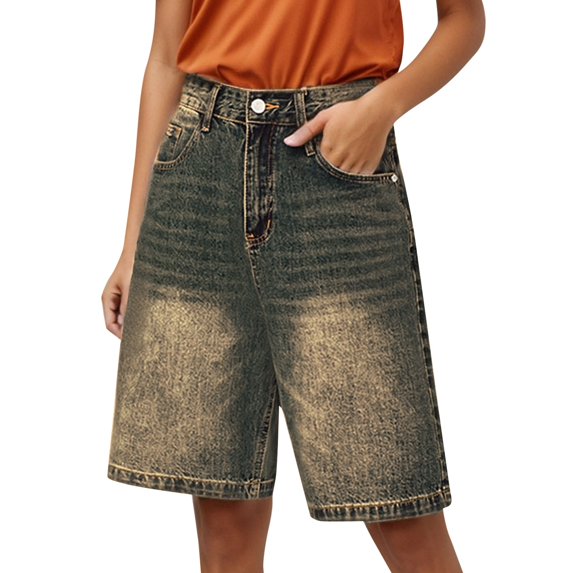 Youmylove Women's Jean Shorts Retro Distressed Denim Shorts Loose Fitt Straight Leg Short Pants Stretchy Vintage Denim Shorts Leisute Trendy Jorts