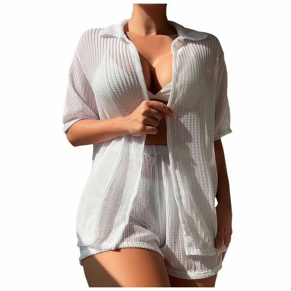 Youmylove Women's Plus Size Swimsuit Cover Up Women's 2 Piece Cover Ups Set Short Sleeve Open Front Kimono Swimsuit Coverup With Shorts Casual Loose Cover Ups