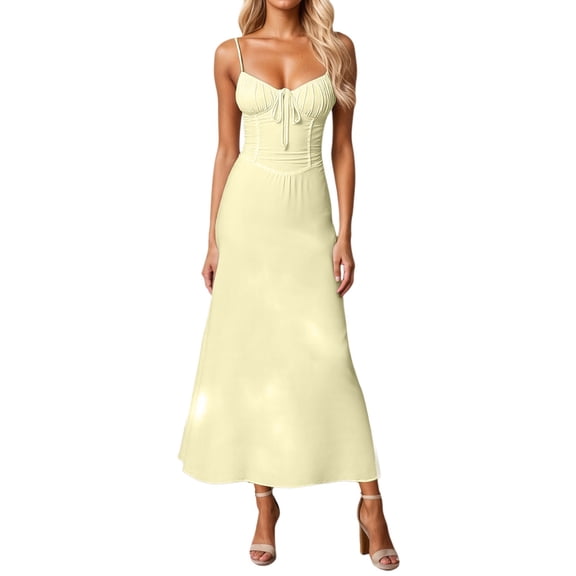 Youmylove Women's Summer Casual Dresses Bohemian Style Slim Shoulder Strap Square Neck Mid Length Dress With Flowing Slit Tight Corset Dress Flowy Beach