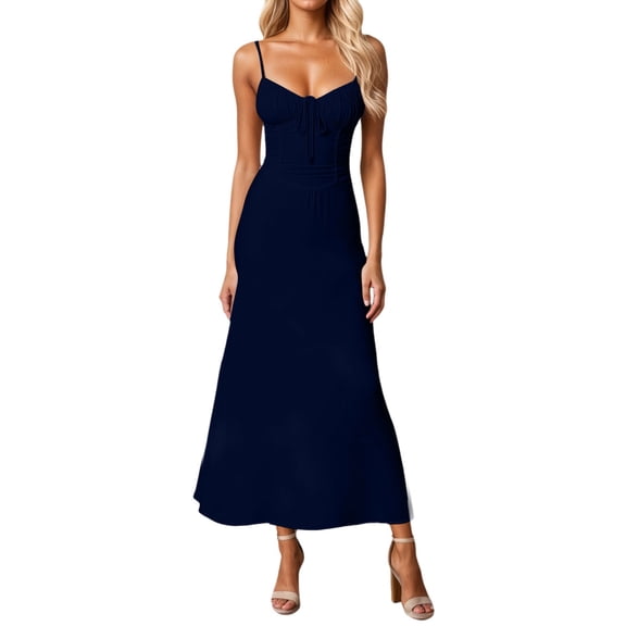 Youmylove Women's Summer Casual Dresses Bohemian Style Slim Shoulder Strap Square Neck Mid Length Dress With Flowing Slit Tight Corset Dress Tank
