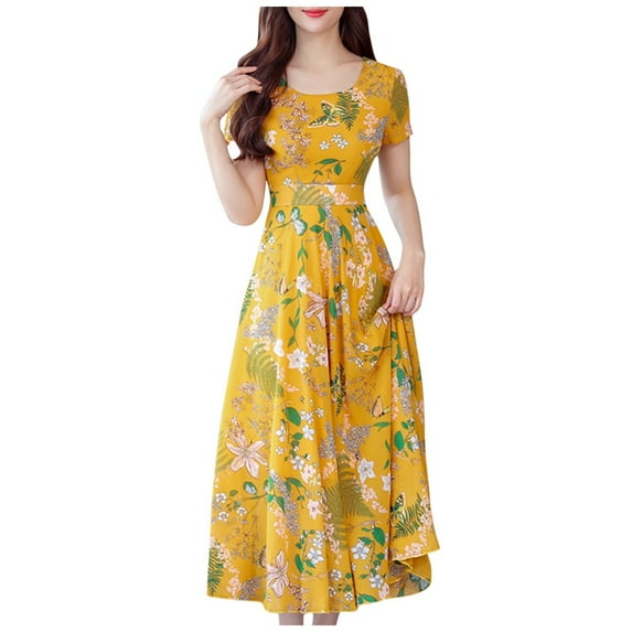 Youmylove Women's Summer Dress Fashion Women Beach Dresses O-Neck Floral Short Sleeve Holiday Casual Swing Party Dress Trendy Spring Dresses