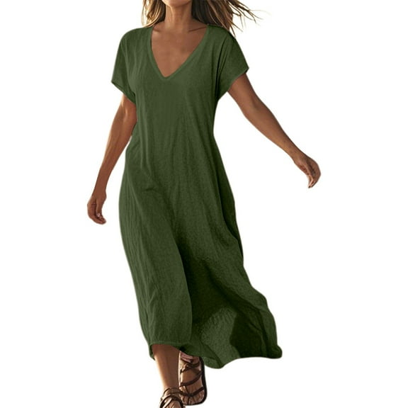 Youmylove Women's Summer Shirt Dress Linen V Neck Short Sleeve Loose Casual Dress For Women Solid Color Comfortable Day Dress Long Dress Vacation Outfits