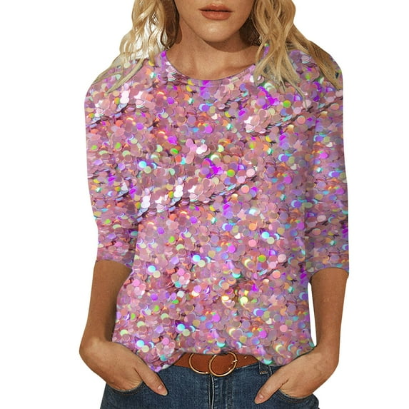 Youmylove Women's Tee Gradient Sequin Casual Printed Round Neck Three Quarter Sleeve T-Shirt Top Comfy Dailywear