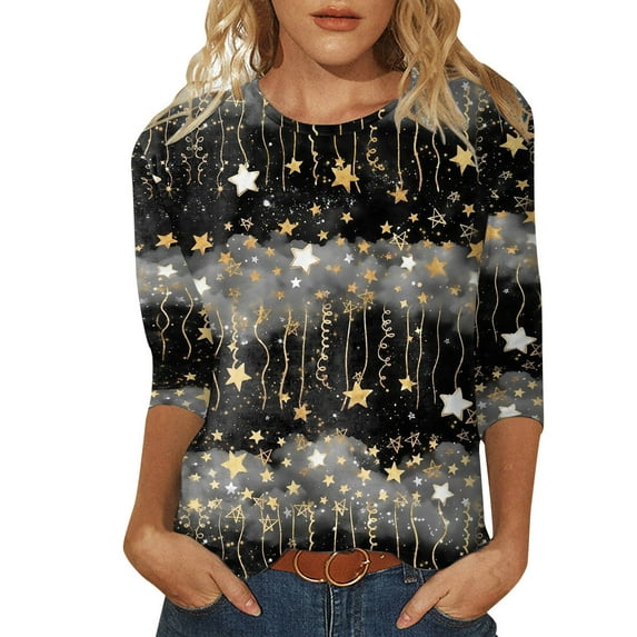 Youmylove Women's Tee Gradient Sequin Casual Printed Round Neck Three Quarter Sleeve T-Shirt Top Leisure Dailywear