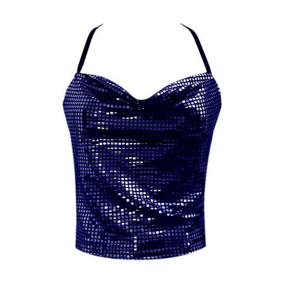 Youmylove Womens 2025 Trendy Top Stylish Metallic Sequin Short Crop Tank Top With Swing Neck Beach Vacation Shirts