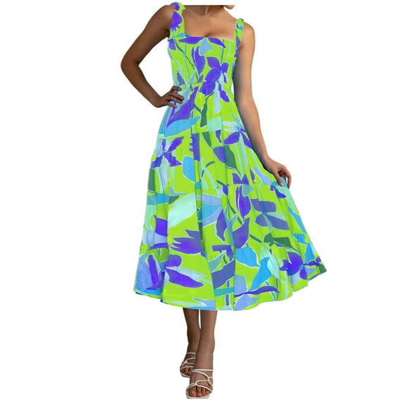 Youmylove Womens Boho Maxi Dress Square Neck Smocked Boho Midi Dress Summer Sleeveless Shoulder Straps Ruched Ruffle Tiered Midi Dress Flowy Maxi Dresses