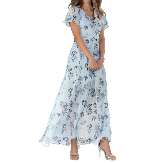 Youmylove Womens Boho Maxi Dress Summer Dresses Swing Long Dress Chiffon Floral Short Sleeve Ruffle V Neck Fashion Flowy Beach Dress Trendy Sundresses