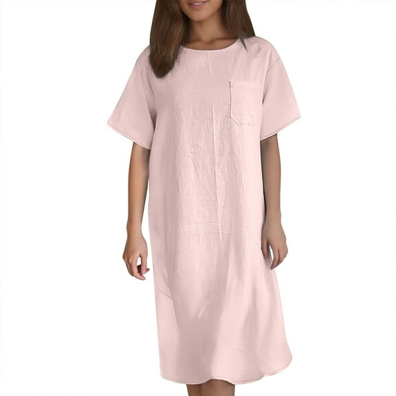 Youmylove Womens Casual Loose Dress 2025 New Women's Cotton Linen Dresses Summer Short Sleeve Comfy Beach Wear Vacation Clothes Stylish Floral Boho Dress