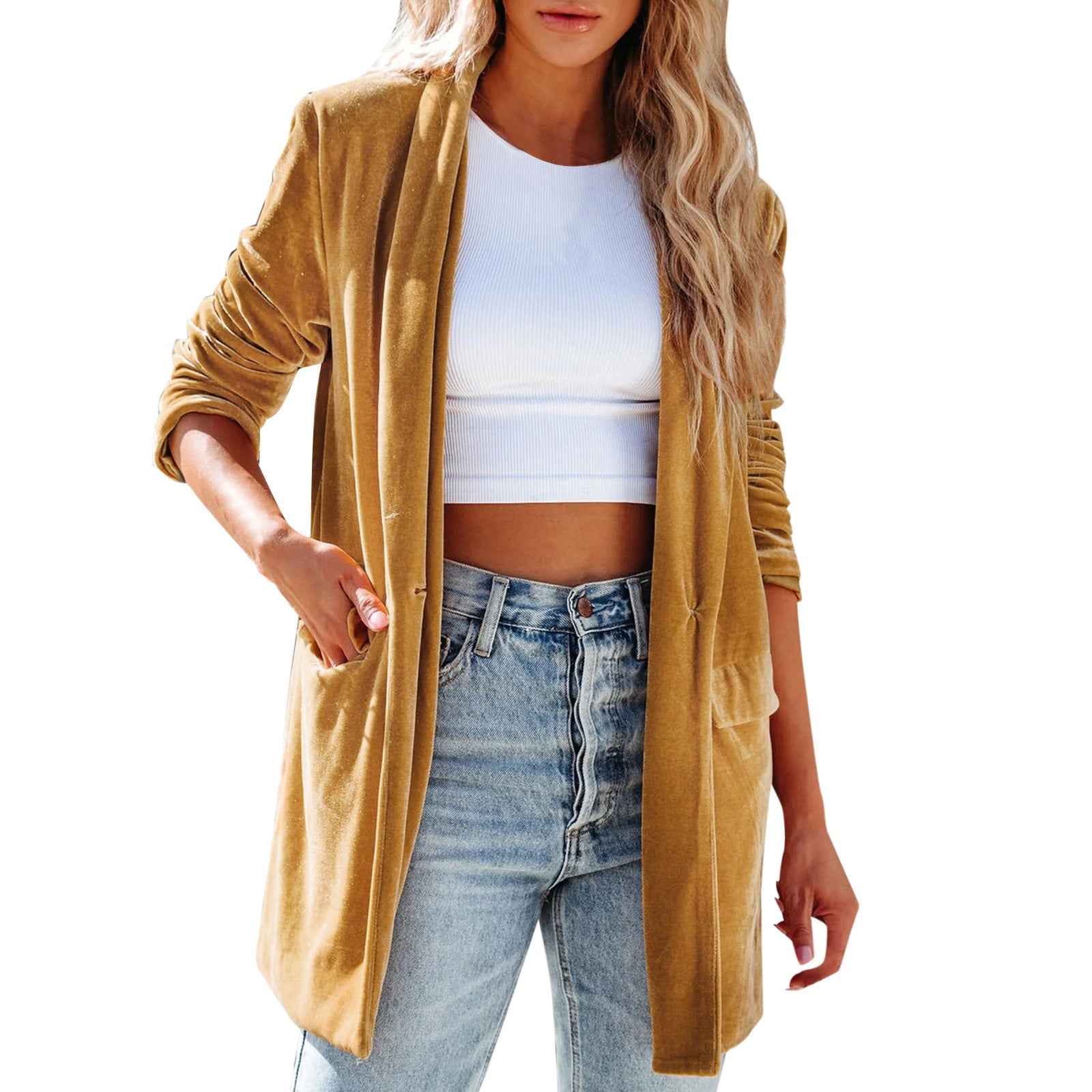 Youmylove Womens Coats Gold Velvet Jacket Open Front Cardigan Coat Leisure Suit Cardigan Coat