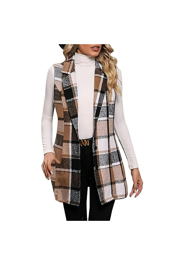 Womens Coats Plaid Vest Coat Leisure Lapel Neck Button Front Sleeveless Jacket Outerwear Classic Simple Clothes