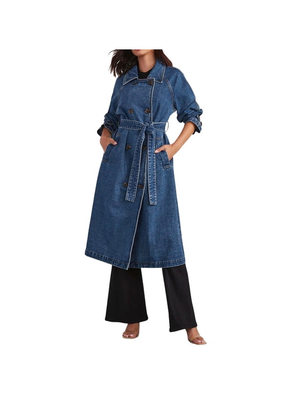 Womens Coats Vintage Midi Long Jean Jacket Loose Fit Double Denim Jacket Trench Coat With Belt Fall Winter Outwear