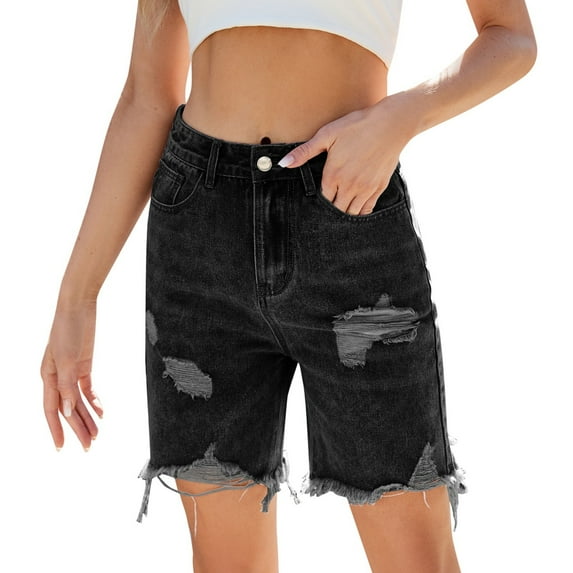 Youmylove Womens Jean Shorts Stretchy High Waisted 2025 Straight Leg Frayed Raw Hem Casual Denim Shorts Beach Vacation Ripped Jeans Shorts Womens Denim Shorts
