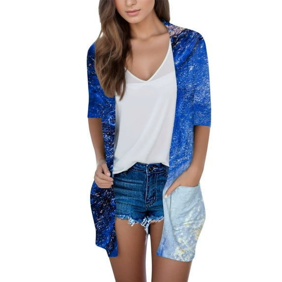 Youmylove Womens Lightweight Open Front Cardigans Summer Fall Outwear Tops Thin Cover Ups Three Quarter Sleeve Sweater Casual Coats Tops Print Relaxed Streetwear