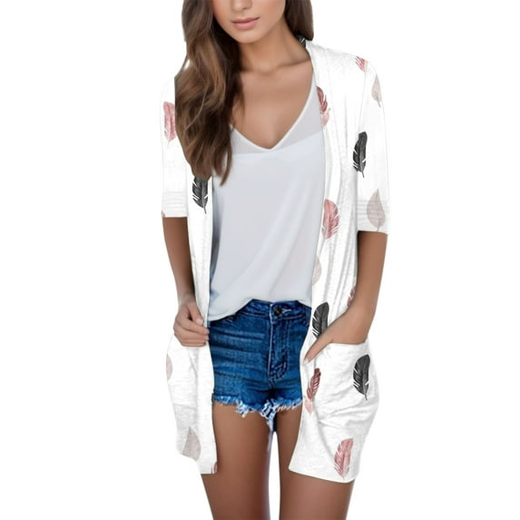 Youmylove Womens Lightweight Open Front Cardigans Summer Fall Outwear Tops Thin Cover Ups Three Quarter Sleeve Sweater Casual Coats Tops Print Stylish Streetwear