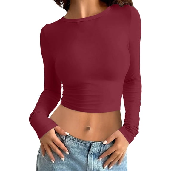 Youmylove Womens Long Sleeve Shirts Fitted Tops Slim Fit Crew Neck T Shirt Crop Top Casual Stylish Tops Streetwear Lightweight Base Layer Casual Tops