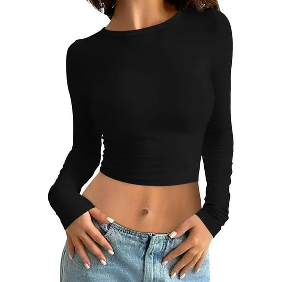 Youmylove Womens Long Sleeve Shirts Fitted Tops Slim Fit Crew Neck T Shirt Crop Top Casual Stylish Tops Streetwear Soft Lightweight Stretch Undershirts