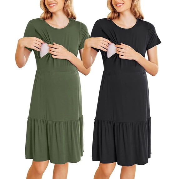 Youmylove Womens Nursing Dress Breastfeeding Casual Maternity Dresses Short Sleeve Ruffle Hem Swing Dresses 2 Pack Photoshoot Baby Shower Pregnancy Clothes