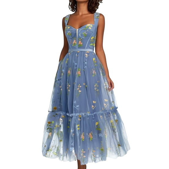 Youmylove Womens Summer Boho Beach Dress Women's Flower Embroidery Prom Dresses Tea Length Corset A Line Fairy Formal Evening Party Gown Party Club Mini Dresses