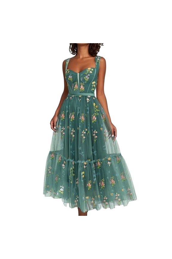 Womens Summer Boho Beach Dress Women's Flower Embroidery Prom Dresses Tea Length Corset A Line Fairy Formal Evening Party Gown Wedding Guest Dresses