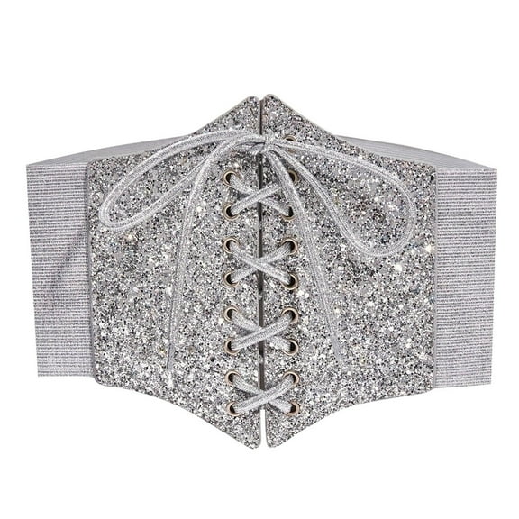 Youmylove Womens Summer Corset Tops Glitter Belt Wide Elastic Elastic Waist With Dress Sub Shirt With Tie Rope Waist Seal Silver Seamless Body Shaper