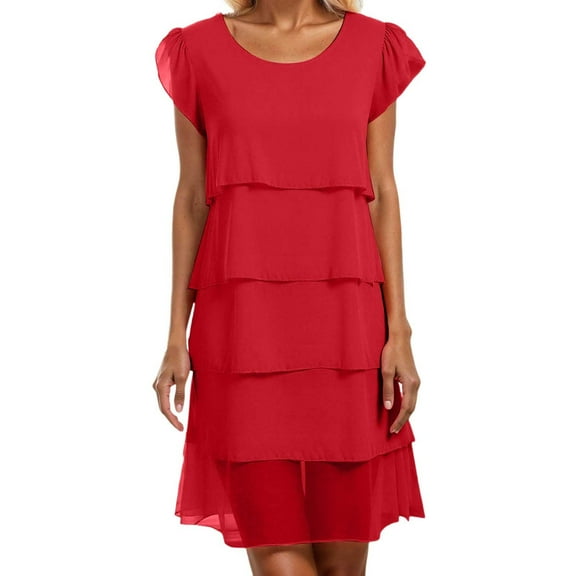Youmylove Womens Summer Dresses 2025 Women Chiffon Dress Round Neck Elegant Evening Dresses Short Sleeve Ruffles Casual Mini Dress Flowy Beach Vacation Dress