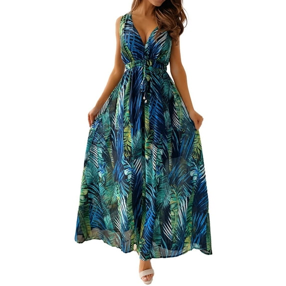Youmylove Womens Summer Dresses Fashion Print V Neck Floral Bohemian Spaghetti Strap Beach Maxi Dress Tie Waist Sleeveless Sundress Trendy Easter Dresses