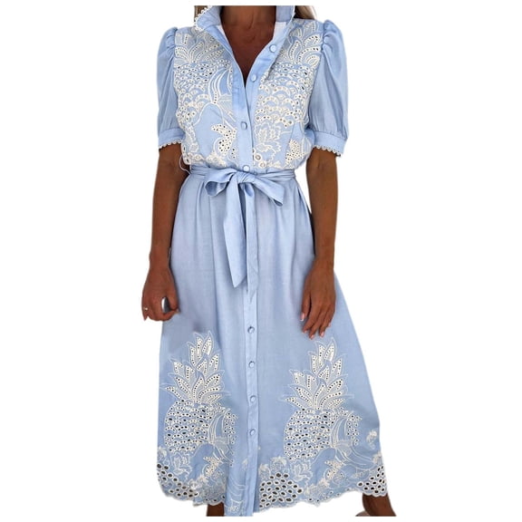 Youmylove Womens Summer Dresses Loose Fit Women's Hollow Out Short Sleeve Waist Defined Flared Dress Elegant Casual Or Wear Party Club Mini Dresses