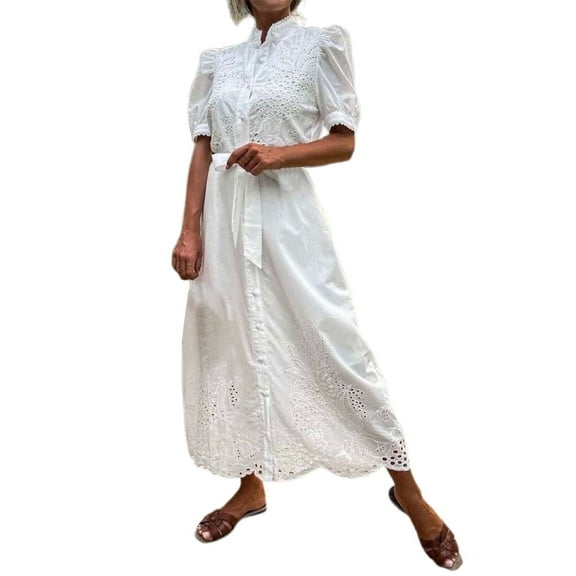Youmylove Womens Summer Dresses Loose Fit Women's Hollow Out Short Sleeve Waist Defined Flared Dress Elegant Casual Or Wear Sundresses Tank Dress