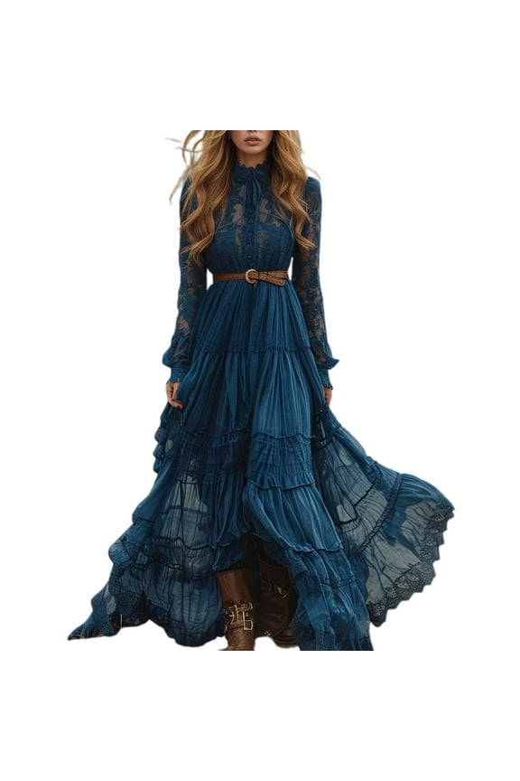Womens Summer Dresses Maxi Dress Vintage V Neck Long Sleeve Maxi Dress For Women Bohemian Floral Dress Retro Casual Wear Trendy Resort Wear Dress