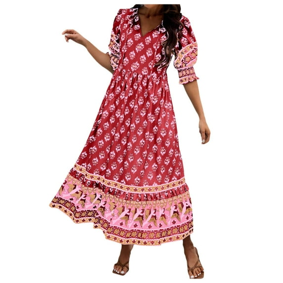 Youmylove Womens Summer Dresses New Bohemian Maxi Dress Floral Print Retro V Neck Tassel Casual Bohemian Midi Dresses Beach Dress Versatile Fashion Dress