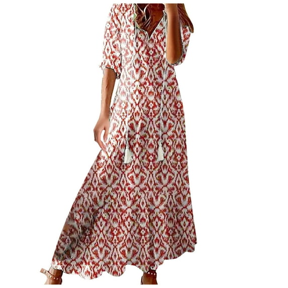 Youmylove Womens Summer Maxi Dresses Women Loose V Neck Boho Printed Dress Mid Waist Half Sleeve Long Dress Casual Bohemian Midi Dress Beach Hawaiian Dress