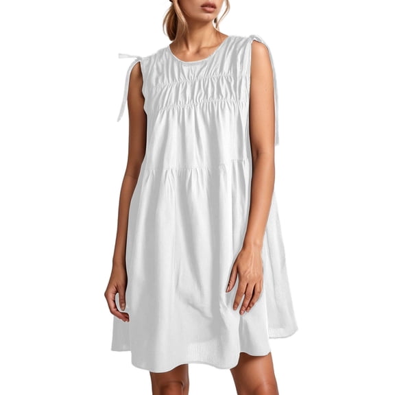 Youmylove Womens Summer Mini Dress 2025 Retro Pleated Bow Tie Sleeveless Vest Dress Vacation Women's Casual Beach Sundress Beach Hawaiian