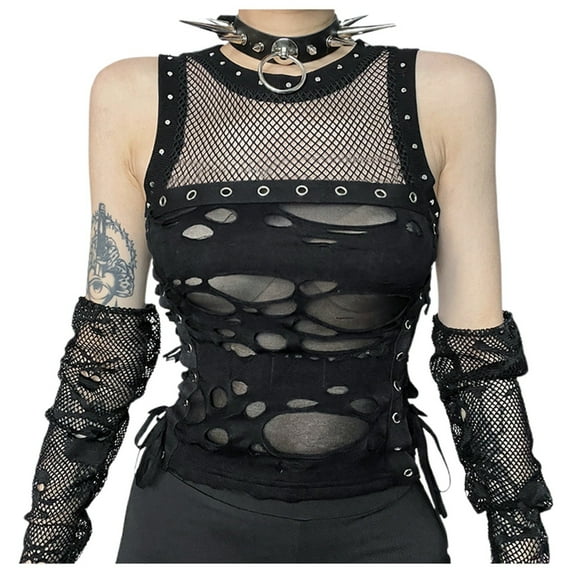 Youmylove Womens Summer Tank Tops Fashionable Ripped Top – Stylish Sheer Look With Dark Aesthetic For Trendy Outfits Ribbed Fitted Tank Top