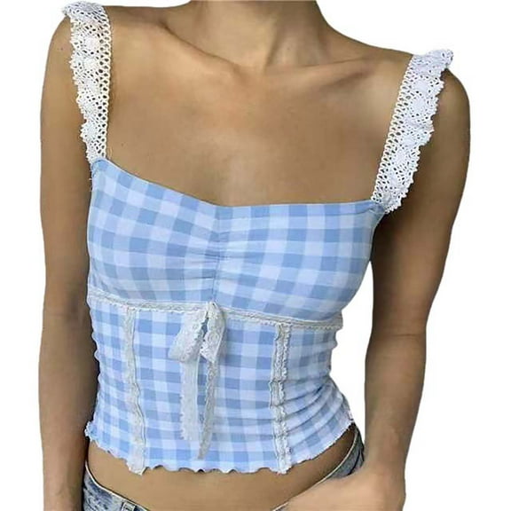 Youmylove Womens Summer Tops Plaid Crop Top Square Neck Lace Trim Gingham Tank Top Spaghetti Strap Shirt Going Out Corset Tops Casual Beach Clothes