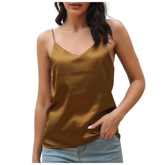Youmylove Womens Summer Tops Silk Satin Tank Tops 2025 V Neck Adjustable Spaghetti Strap Sleeveless Camisole Summer Basic Blouse Slim Versatile Outfits