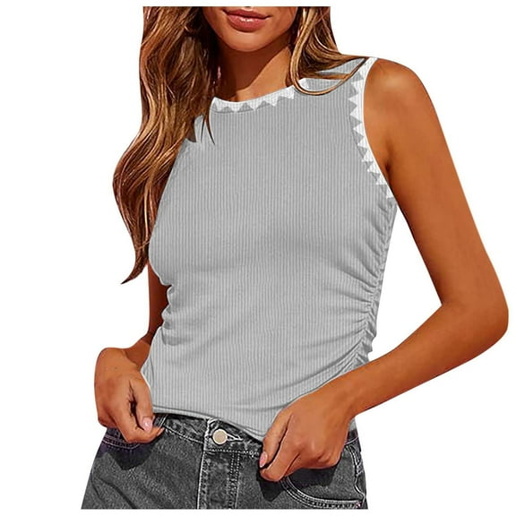 Youmylove Womens Summer Tops Sleeveless Ribbed Knit Crew Neck Racerback Slim Fit Color Block Casual Tank Top Slim Versatile Outfits