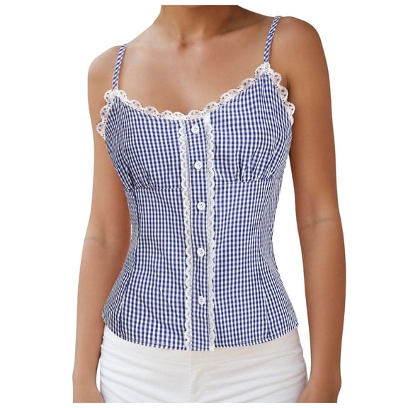 Youmylove Womens Summer Tops Summer Trendy Style Lace Lace Check Five Buckle Everything Cardigan Comfy Basic Shirts