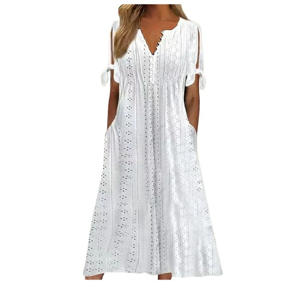 Youmylove Womens V Neck Dress Maxi Long Dresses 2025 Trendy Short Sleeve Eyelet Tshirt Dress Casual Summer Beach Vacation Sundress Versatile Fashion Dress