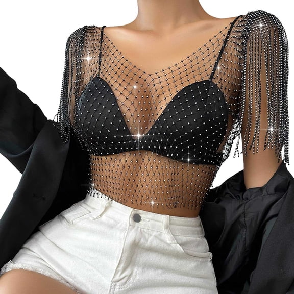 Youmylove Womens Workout Tank Tops Rhinestones Crop Tank Top Sleeveless Fringe Shawl Wrap See Through Bikini Cover Up Sparkly Body Chain Loose Fit Tunic Blouse