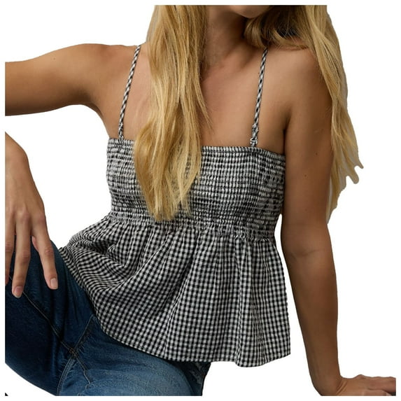 Youmylove Womens Workout Tank Tops Summer Plaid Tank Tops Spaghetti Strap Square Neck Flowy Ruffle Hem Gingham Shirt Top Casual Shirts Blouses