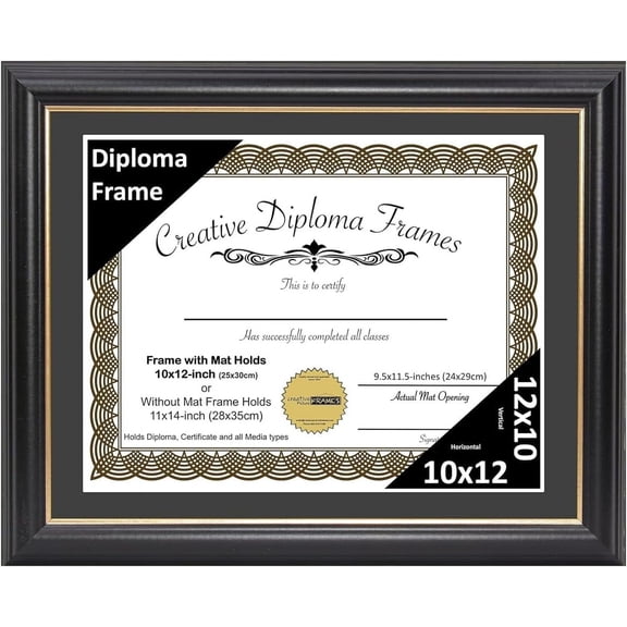 YounGG 10" x 12" Rockefeller Black with Gold Rim Diploma Frame, Displays 10" x 12" Certificate or 11" x 14" Document without Mat, College Degree Frame, Full-Strength Glass, Black Mat