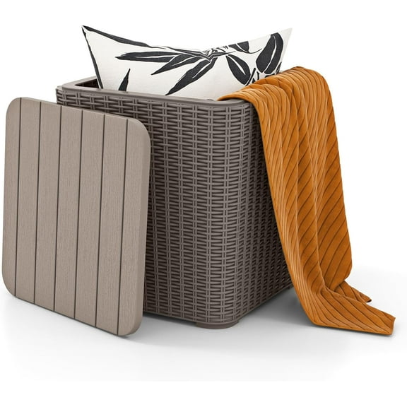 YounGG 11.5 Gallon Water-proof Deck Box, Outdoor Patio Storage Box w/Removable Lid &, Faux Rattan Storage Container Side Table, All Weather Patio Furniture Extra Seat for Poolside (Brown)
