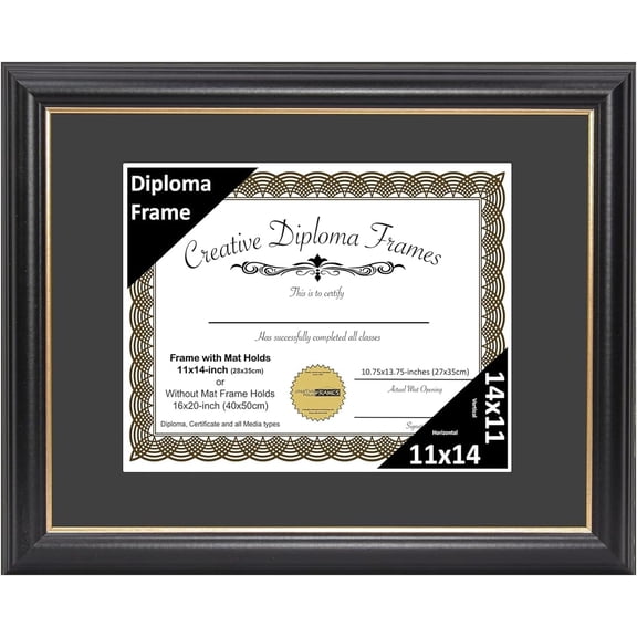 YounGG 11" x 14" Rockefeller Black with Gold Rim Diploma Frame, Displays 11" x 14" Certificate or 16" x 20" Document without Mat, College Degree Frame, Full-Strength Glass, Black Mat