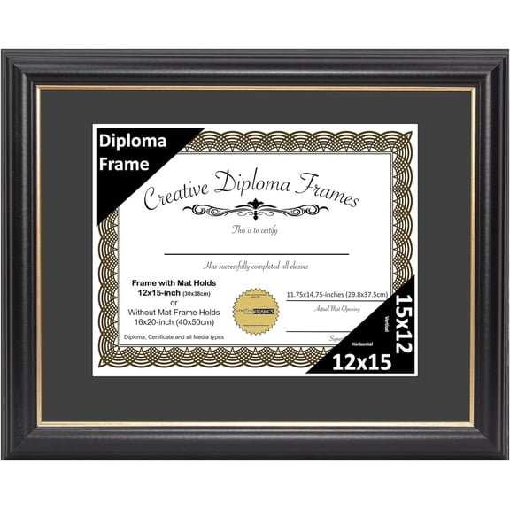 YounGG 12" x 15" Rockefeller Black with Gold Rim Diploma Frame, Displays 12" x 15" Certificate or 16" x 20" Document without Mat, College Degree Frame, Full-Strength Glass, Black Mat