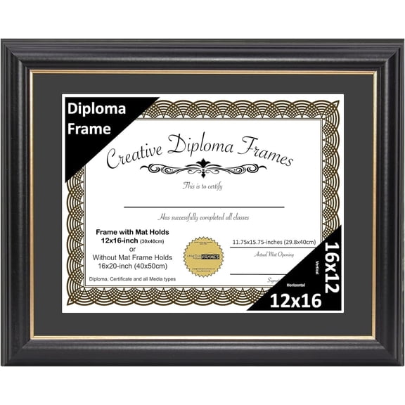 YounGG 12" x 16" Rockefeller Black with Gold Rim Diploma Frame, Displays 12" x 16" Certificate or 16" x 20" Document without Mat, College Degree Frame, Full-Strength Glass, Black Mat
