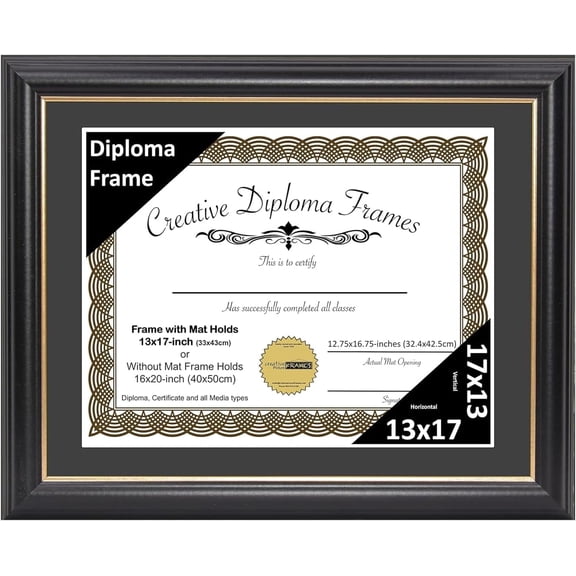 YounGG 13" x 17" Rockefeller Black with Gold Rim Diploma Frame, Displays 13" x 17" Certificate or 16" x 20" Document without Mat, College Degree Frame, Full-Strength Glass, Black Mat