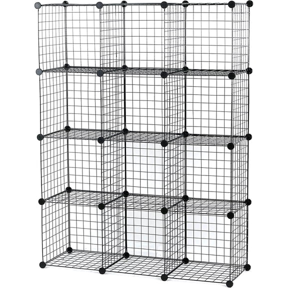 YounGG 14x14 Inch Multi Use DIY Bookcase & Shelf | Closet Organizers and Storage Cabinet - 12 Cube Wire Grid Organizer, Wardrobe Closet Organizer, Storage Shelves for Bedroom (12-Black Wire)