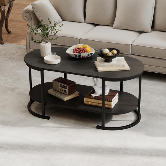 YounGG 2-Tier Coffee Table, Oval Center Table with Wood Grain Top & Open Storage Shelf, Modern Accent Table with Heavy Duty Metal Frame, Cocktail Table for Living Room Reception (Black)
