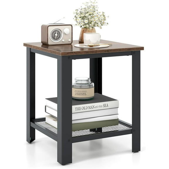 YounGG 2-Tier End Table, 16 Inch Small Side Table w/Mesh Storage Shelf, Industrial Telephone Table with Heavy-Duty Metal Frame, Square Sofa Table for Small Space Living Room, Rustic Brown