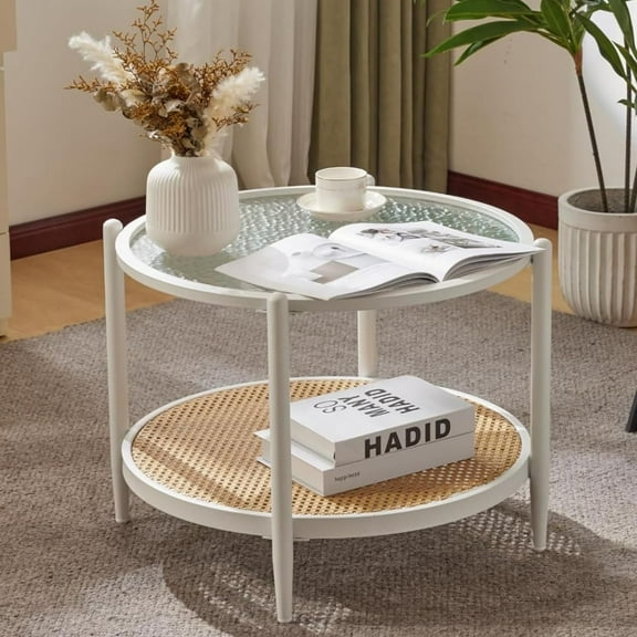 YounGG 25.6" Coffee Table for Living Room, Round Water-Wave Glass Metal Center Table, Modern Rattan Coffee Table with 2-Tier Storage, Farmhouse Circular End Table for Small Space, White